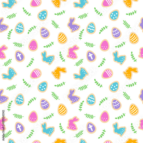 Easter cookies in shape of eggs and bunnies. Vector seamless pattern. Spring celebration design. Traditional sugar shortbread treat in pastel colors with green leaves and plants.