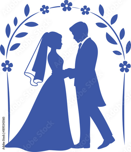 Blue silhouette of bride and groom under floral arch