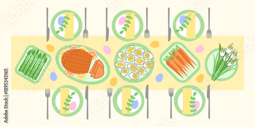 Flat lay Easter table with traditional food, eggs, pastries and empty plates. Resurrection celebration, seasonal food, family gathering and holiday brunch concept. Vector flat illustration.