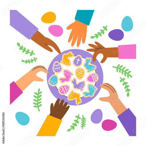 Flat lay Easter table with seasonal cookies and diverse hands. Egg and bunny shaped sweets. Resurrection celebration, family and friends gathering.