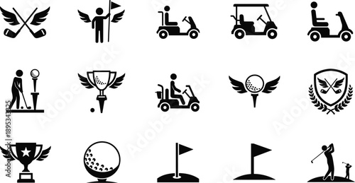 “15 Black Golf Icons – Equipment, Players, Trophies, Golf Carts, Flags and Balls on Gray Background for Sports Design”