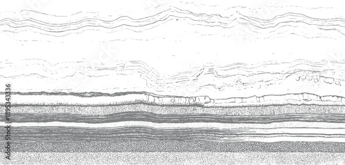 Abstract grayscale layered geological strata cross section with textured bands and wavy lines monochrome