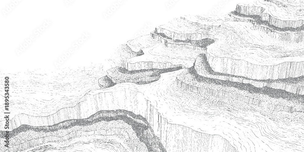Fototapeta premium Detailed monochrome line of layered geological formations and winding river canyons geology landscape