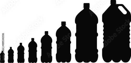 Plastic water bottle size comparison silhouettes showing different container volumes for packaging and liquid storage concept