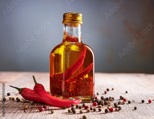 spicy oil in a glass bottle with red chilies and peppercorns
