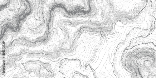 Detailed topographic map contour lines showing elevation changes and terrain in gray and white topography