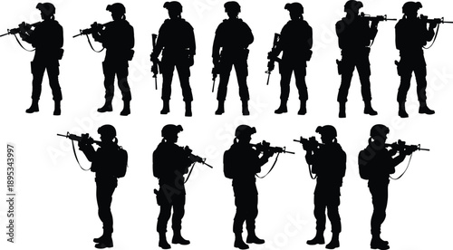 Armed soldier silhouettes collection with tactical poses, military and special forces action icons set for defense, security, combat training and warfare concepts isolated on white background vector