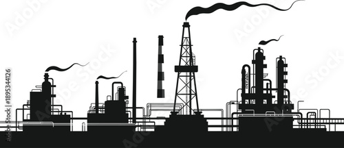 Oil refinery silhouette, industrial plant, petrochemical facility, black vector, smoke emission, energy production, fossil fuel, piping system, drilling rig