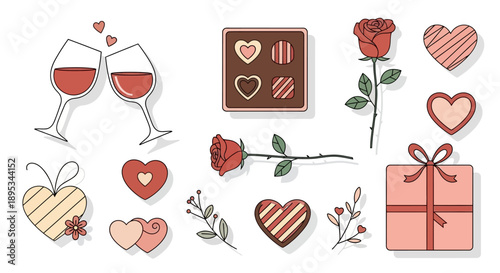 A collection of romantic illustrations for Valentine's Day, featuring wine glasses, chocolates, roses, hearts, and a gift box.