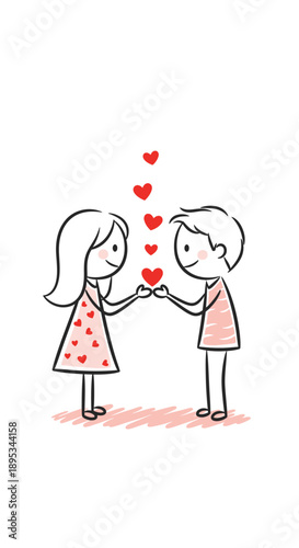 Cute hand-drawn stick figures of a boy and girl sharing hearts, symbolizing love and affection between a couple.