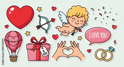 A collection of cute Valentine's Day themed stickers including hearts, cupid, gift, rings, and 
