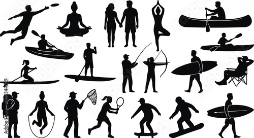 Outdoor activity silhouettes, sports and leisure icons, active lifestyle vector, black recreation figures, fitness and adventure graphic illustration set