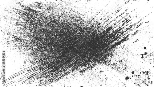 Black ink splatter texture with radial streaks and scattered dots on white background spray