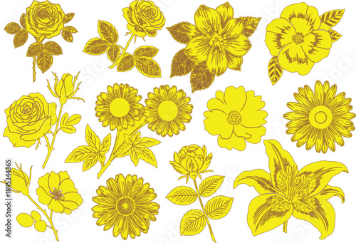 described features a collection of flowers rendered in a line art style, showcasing a variety of floral types, including roses, sunflowers, and a lily. The use of yellow shades adds warmth and vibranc