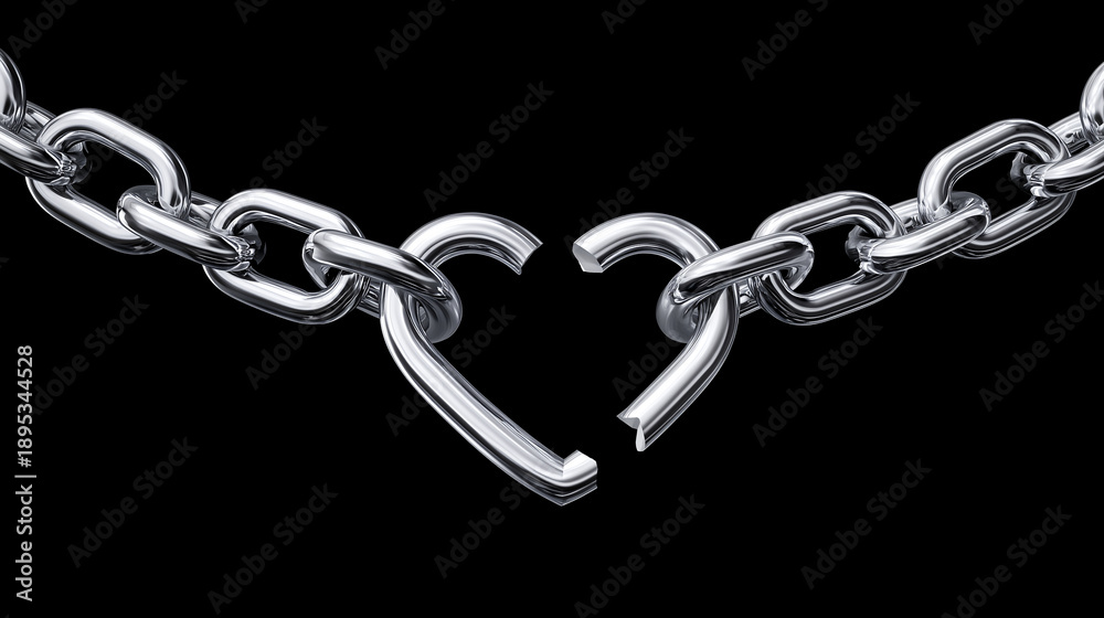 Fototapeta premium Broken metal chain forming heart shape snapping apart on dark background, symbolic concept of heartbreak, separation, emotional pain, toxic relationship, freedom and letting go theme