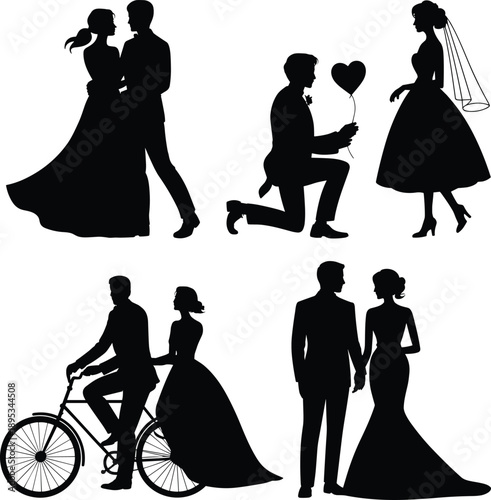 Romantic couple silhouette set, wedding poses, love proposal vector, bicycle romance illustration, black and white relationship graphic design