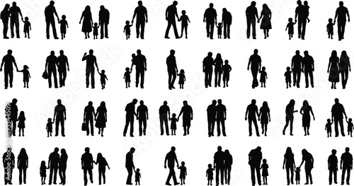 People silhouettes collection with families, couples and children, crowd icons set for social life, community, relationships and lifestyle concepts isolated on white background vector