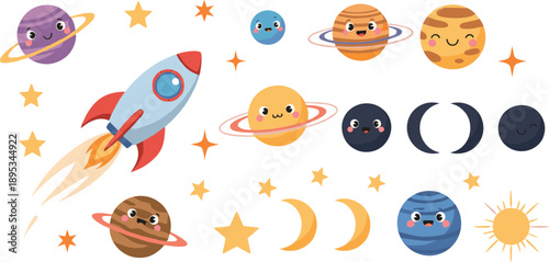 Cute cartoon space elements set with smiling planets rocket stars moon sun and galaxy objects vector illustration