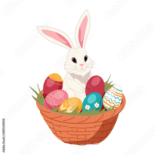 Wicker basket with rabbit and Easter eggs
