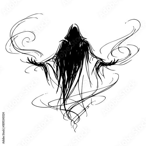 Mysterious Figure Silhouette: A haunting silhouette of a cloaked figure, arms outstretched, evokes a sense of mystery and foreboding. The wispy lines around the figure add an ethereal quality.