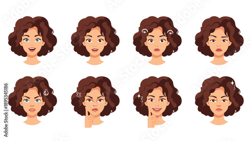 Character facial expression sheet of a young woman with curly brown hair, showing a range of feelings for digital character design.