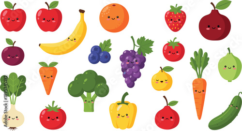Cute kawaii fruits and vegetables characters set with smiling faces healthy food cartoon flat vector illustration