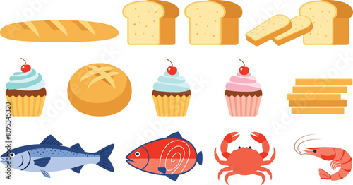 Food elements illustration set with bread cupcakes fish crab shrimp bakery and seafood items flat vector design