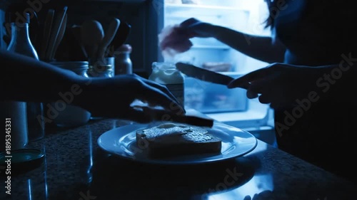 A person preparing a late-night snack in a dimly lit kitchen, spreading mayonnaise on a slice of bread, with a refrigerator glowing softly in the background