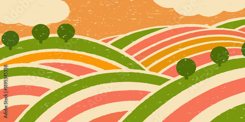 Stylized landscape with rolling hills rainbow and sparse trees