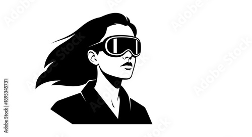 Woman Wearing Protective Goggles or VR Headset Silhouette.