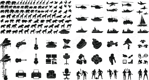 Black silhouette icon set, featuring animals, vehicles, aircraft, ships, sports, music, technology, office equipment, people, activities, isolated white background vector