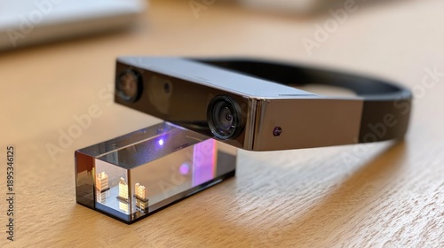 Wallpaper Mural Modern augmented reality headset rests atop a holographic display component on a wooden surface Torontodigital.ca