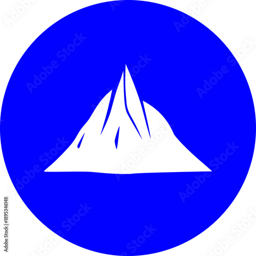 Blue Circular Nature Icon Featuring a Single White Snow Capped Mountain Peak Representing Alpine Adventure Climbing Summit and Outdoor Exploration Concept