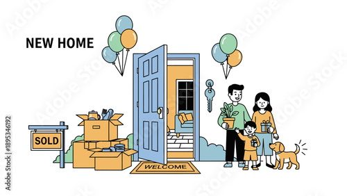 Happy family moving into a new home with cardboard boxes