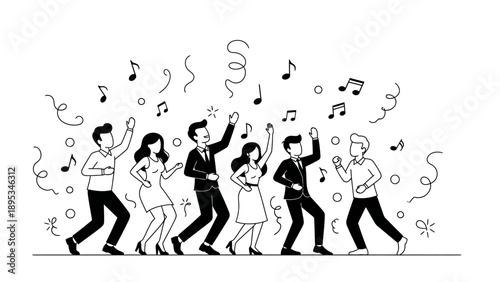 Happy people dancing at a party with music notes and confetti.