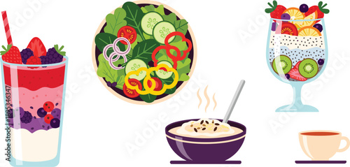 Healthy food and drink illustration set with salad smoothie yogurt bowl chia pudding and hot beverage flat vector