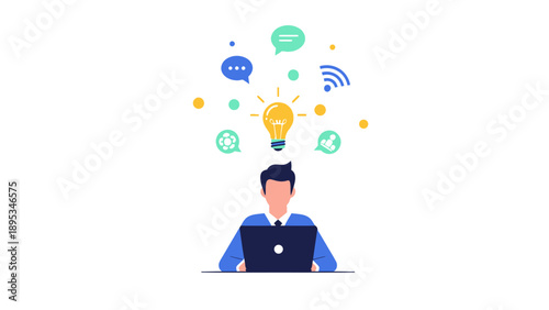 Business man working on laptop with lightbulb and communication icons above head.