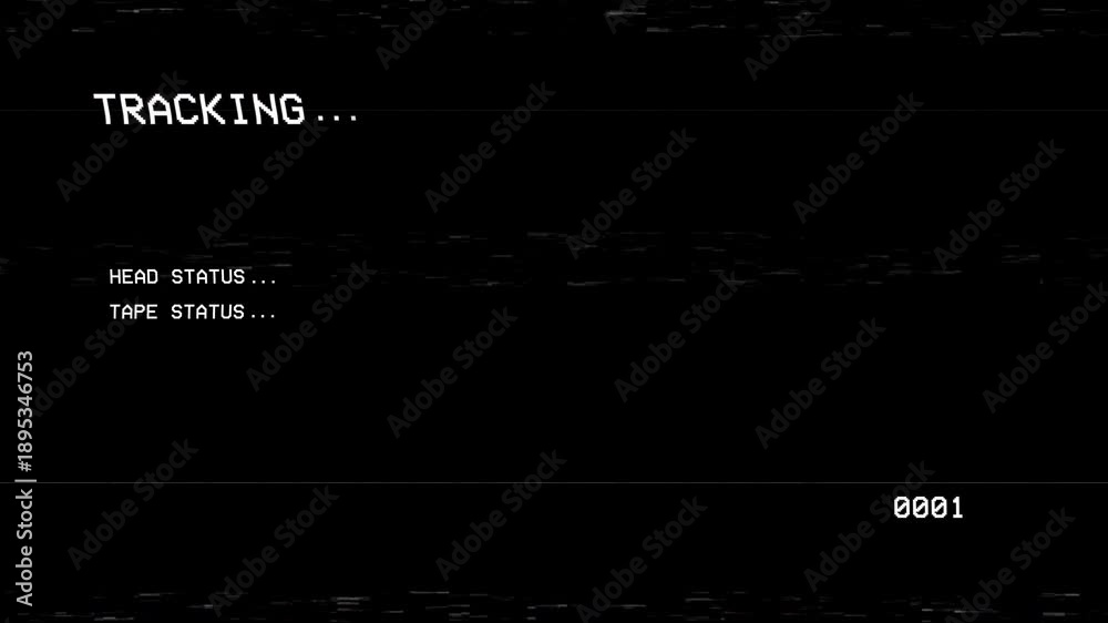 Tracking status VHS static flickers across a black screen. It simulates ...