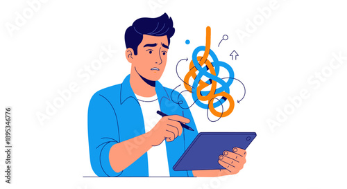 Confused Man Trying to Solve Complex Problem on Tablet. Digital Solution Difficulty, Mental Confusion, and Tangled Data Concept.