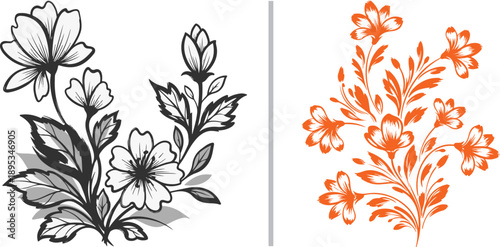 Billede på lærred Elegant botanical vector featuring detailed black and white floral sketches alongside a vibrant orange blossom set