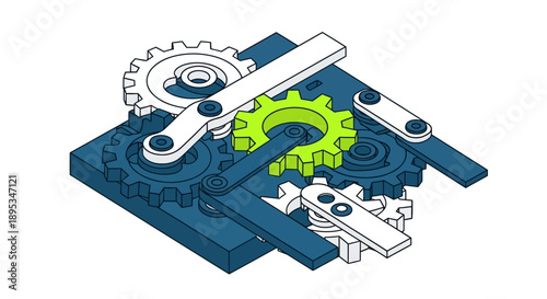 Isometric Gear Mechanism Illustration: Complex Interconnected System of Gears, Levers, and Linkages. Technology and Process Concept.