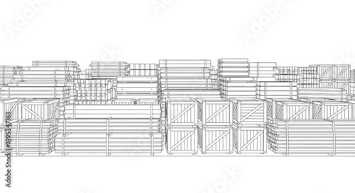 A detailed wireframe illustration of a large, organized warehouse storage area filled with various crates and stacked goods.