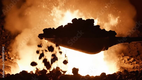 A silhouette of a shovel filled with coal is held above a blazing furnace, showcasing the intense heat and industrial process of metalworking in a dark environment