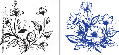 Artistic vector set featuring a black ink botanical sketch with fine lines and splatters, alongside a vibrant blue painterly bouquet with broad strokes and a soft, expressive texture.