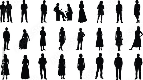 People silhouette collection illustration, black vector set of men and women standing and sitting poses for lifestyle, character design, infographic, branding use