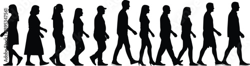 People walking side view silhouette set, men and women pedestrian profiles in motion, urban lifestyle crowd movement, black and white vector illustration