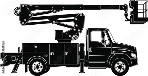 Black and white insulated bucket truck silhouette with articulated boom lift for electrical maintenance, utility service, and industrial construction work