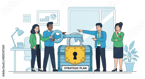 Business Team Unlocks Strategic Plan with Key and Lock.