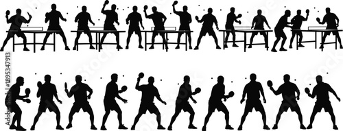 Table tennis player silhouette illustration set, black vector collection of ping pong action poses for sport training, competition, infographic, web, Table tennis player silhouette illustration set