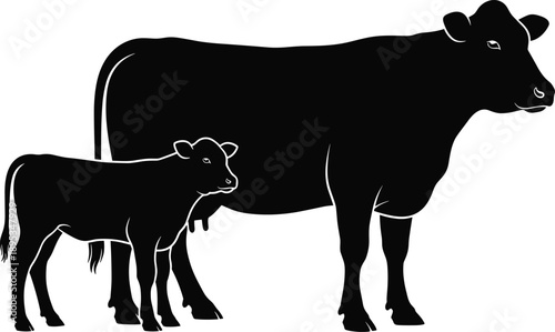 Black silhouette of a cow and a calf standing side by side cattle animal